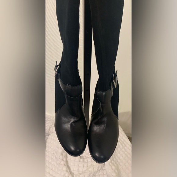 Audrey Brooke Black Leather Round Toe Tall Stiletto Heel Boots - Picture 2 of 7